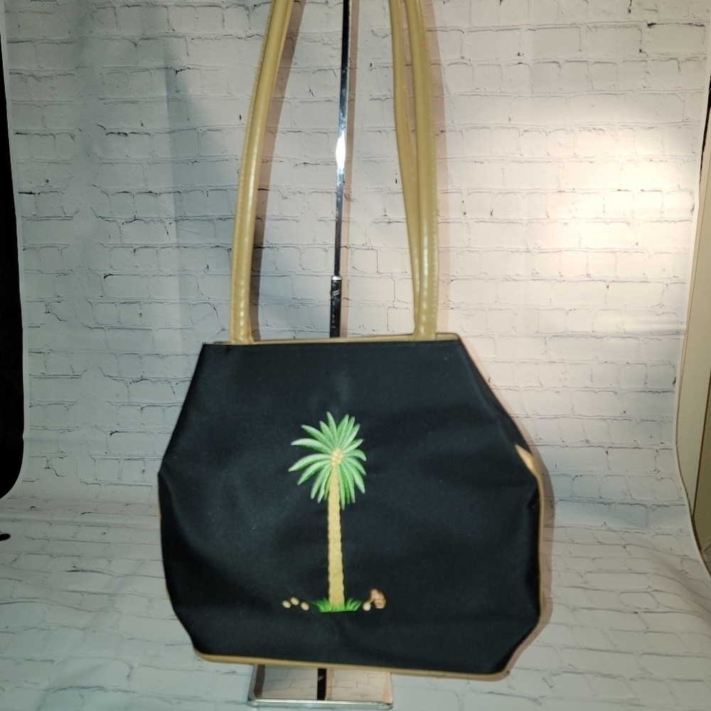 Tiani Shoulder Bag Fabric with Embroidered Palm Tree and Monkey